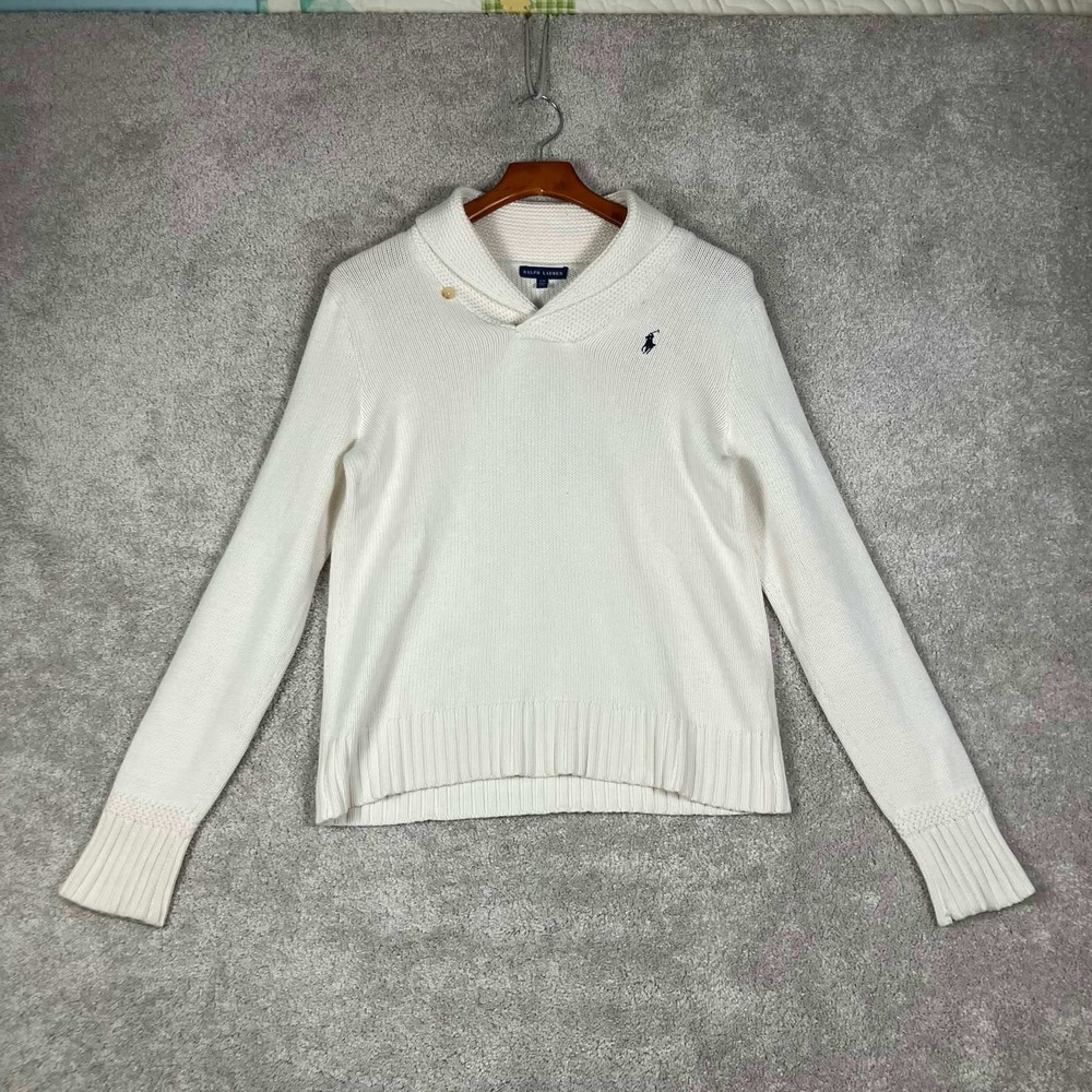 Vintage Ralph Lauren Shawl Neck Sweater Womens L White Cotton Knit Pony Logo - Picture 4 of 13